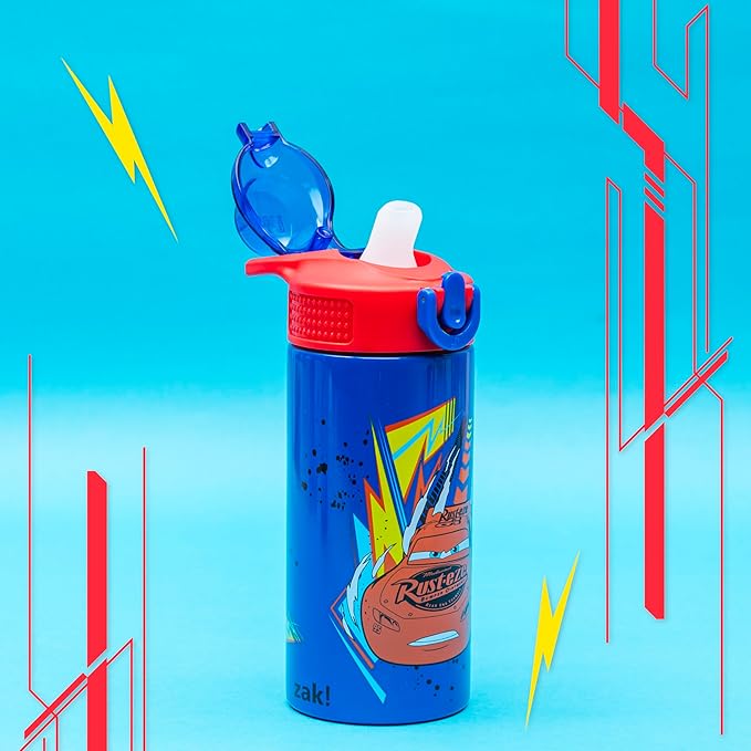 Zak Designs Disney Pixar Cars Sage Kids Water Bottle For School or Travel, 14oz Stainless Steel Water Bottle With Straw, Handle, and Leak-Proof, Pop-Up Spout Cover (Lightning McQueen)