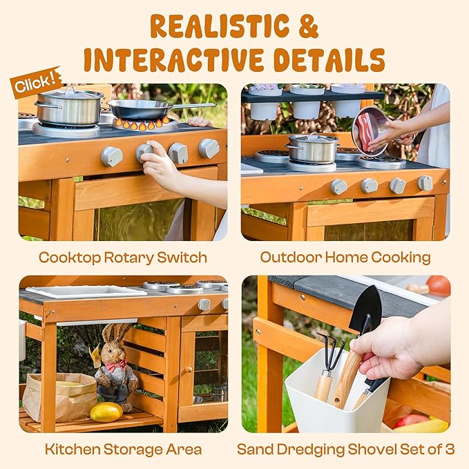 ROBOTIME Mud Kitchen for Kids Outdoor - Wooden Outdoor Play Kitchen Set with Real Water Play, Cooking Pots & Gardening Tools - Sensory Toy Kitchen for Pretend Play Ages 3+