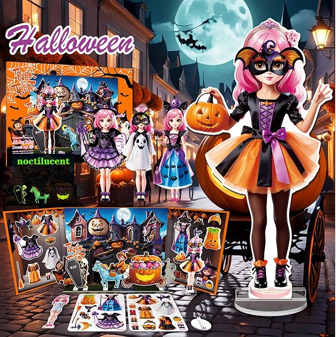 Halloween Magnetic Dress Up Dolls for Kids, Spooky Witch & Pumpkin Fairy Costume Dress Up Set with 3D Haunted House Scene, Travel Activity Toy Gift for Toddler Girls & Boys Ages 3 4 5 6 7