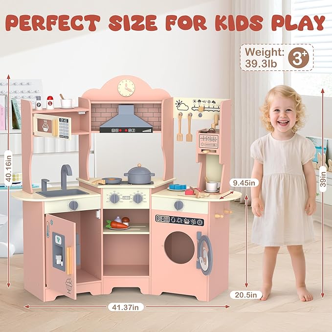 ANPABO Play Kitchen for Kids, Wooden Kids Kitchen Playset for Toddlers with Real Lights & Sounds, Pretend Play Toys with Coffee & Ice Maker, 30Pcs Toy Kitchen Accessories Gift for Boys & Girls