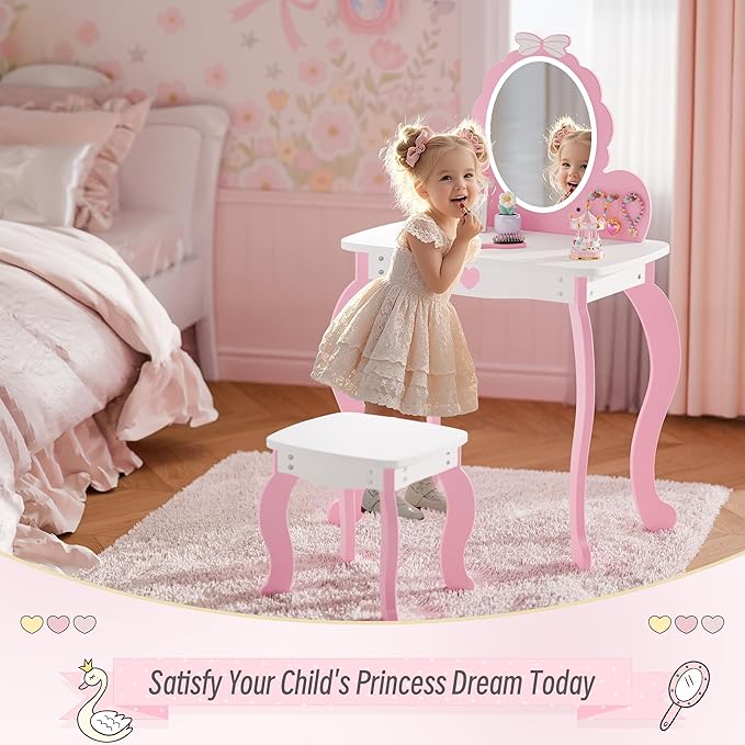 MU Kids Vanity Set with Lighted Mirror and Stool, Kids Makeup Vanity Desk with Storage Space, Bow Pattern for Little Girls, Toddler Princess Makeup Dressing Table with Chair Set, Pink