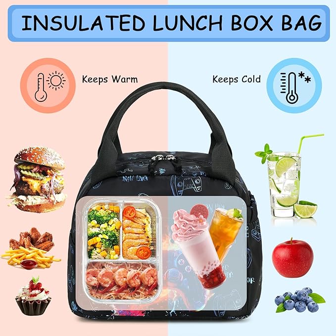 Lunch Box Kids Insulated Lunch Bag Large Reusable Leakproof Cooler Lunch Bags for Boys Girls School Travel Picnic (Gaming Controller)