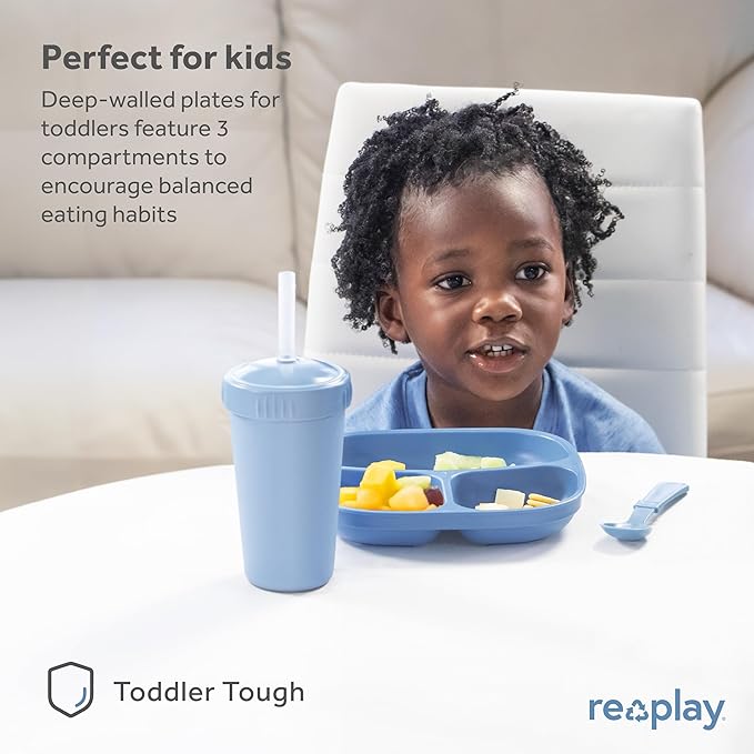 Re-Play Toddler Plates with Dividers - Deep-Walled 3 Compartments Divided Plates for Kids - Dishwasher & Microwave Safe - Made in USA - Set of 4-7.37" x 7.37" x 1.25" - Grey