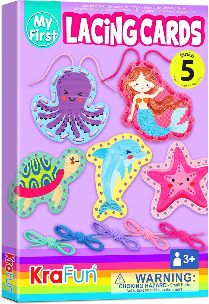 KRAFUN Beginner Mermaid Lacing Card Kit for Kids Arts & Crafts, 5 Easy Mermaid, Animal Lacing Projects, Paper Lace Cards for Toddlers, Fine Motor Preschool Skills Toys