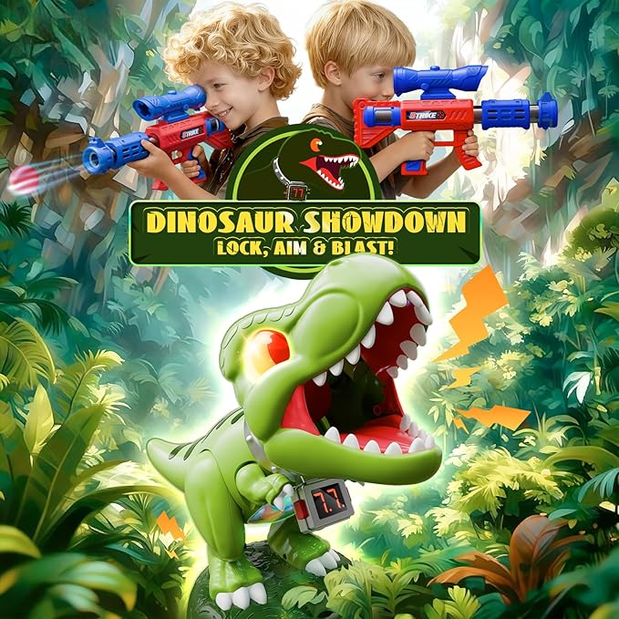 Realistic Dinosaur Moveable Shooting Toys, 2 Pack Launchers with Aiming, Roaring Dino Eyes & Belly Glow, LCD Score Record, Stocking Stuffers for Kids Toys Gifts for Boy Ages 3 4 5 6 7 8 9 10+ Year Old