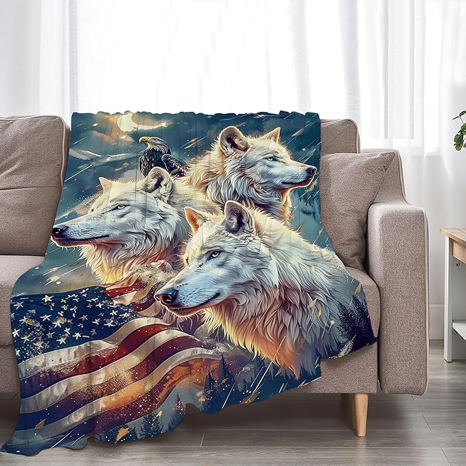 American Wolf Blanket Wolf and Eagle Throw Blanket Wolf Gifts and Decor American Flag Wolf Blanket for Women Men Girls Boys Soft Warm Cozy Fleece Blanket for Couch Sofa Bed 80"x60"