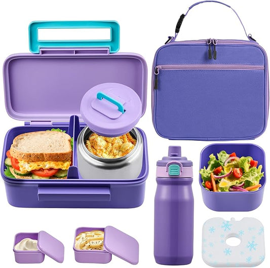 PIQUEBAR Kids Lunch Box with 8oz Thermo, Leakproof Bento Box with Insulated Bag, Kids Insulated Water Bottle, Food Lunch Container for Back to School Girls Boys, Purple