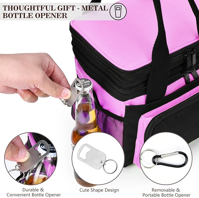 LOKASS Lunch Box & Lunch Bag for Women Men Double Deck, Large Insulated Adult Lunch Box Leakproof Lunchbox Cooler Bag for Work Picnic Beach,（Pink&Black 16L）