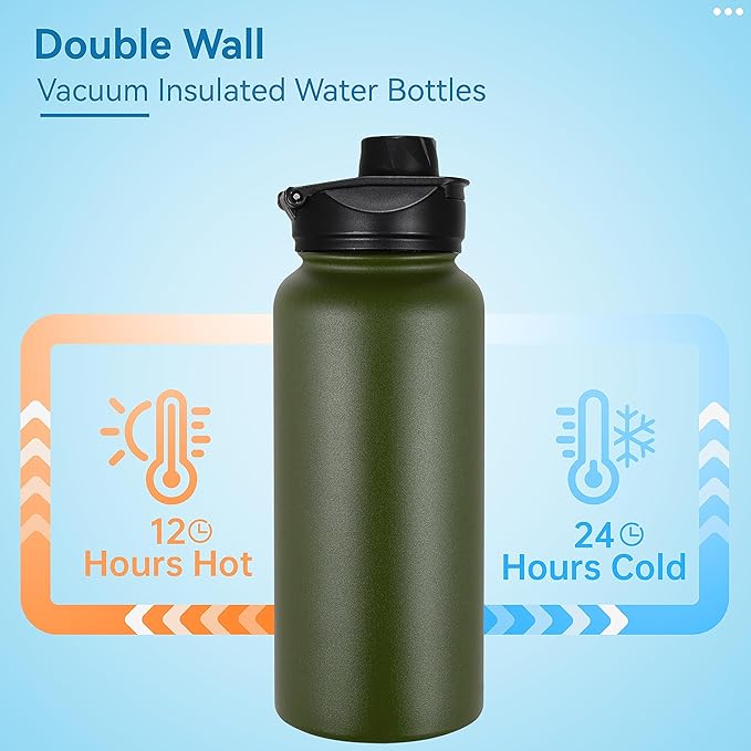 VEGOND 32 oz Insulated Water Bottle Bulk Stainless Steel Metal Water Bottles with Leak Proof Straw Lid & Spout Lid, Wide Mouth Double Walled Vacuum Travel Sports Bottle, 4 Pack