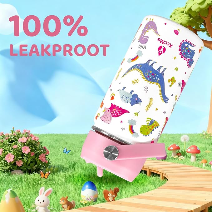 Dinosaur Kids Water Bottle With Straw Lid,14 oz Stainless Steel Travel Bottle,Double Wall Leak Proof Kids Cup,Insulated Tumbler for Toddlers,Pink Metal Bottle for School Boys Girls