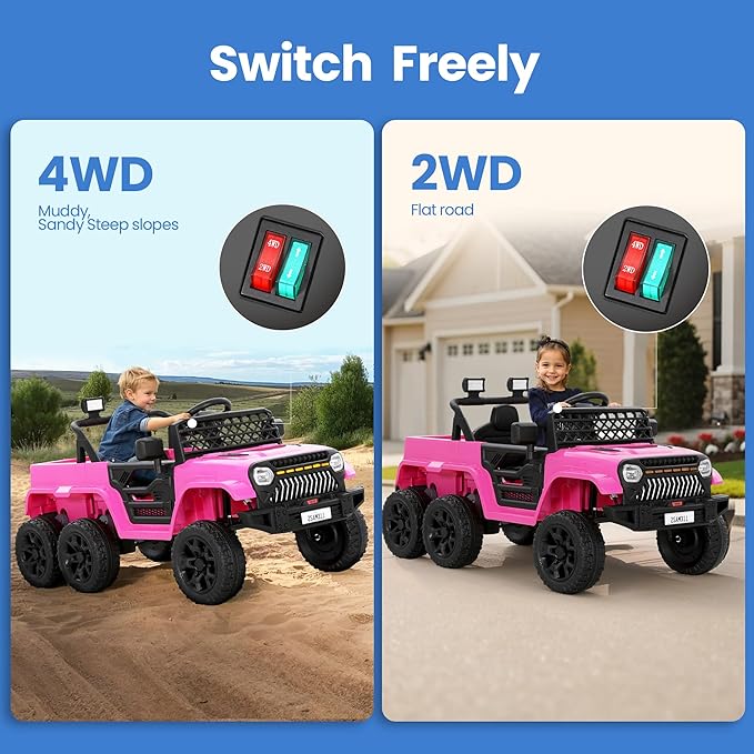 12V Power Wheels Jeep for Kids - Ride On Truck Car w/2WD/4WD Switch w/Parent Remote Control, 6 Wheels Suspension Electric Car for Kids, Pink