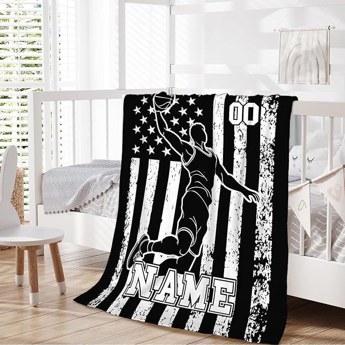 Basketball Blanket for Kids Son Grandson - Custom 50x40 Inches Small Soft Fuzzy Flannel Sports Themed Throws Stuff Gifts for Travel Cars Office All Seasons