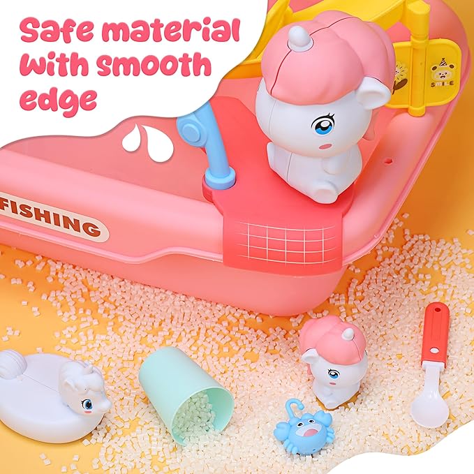 CUTE STONE Play Kitchen Sink with Running Water, Toddler Play Sink for Kids, Toy Sink with Electric Faucet, Fishing Game, Pretend Dishwasher, Water Table Toys & Kitchen Accessories for Girls