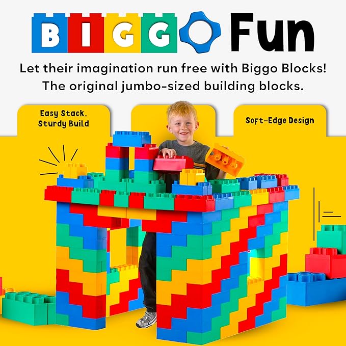 BiggoBlocks Big Blocks for Kids Ages 4-8 — Indoor & Outdoor Blocks for Kids Games — Large Building Blocks (36 pc with 3 Cars) Train Set