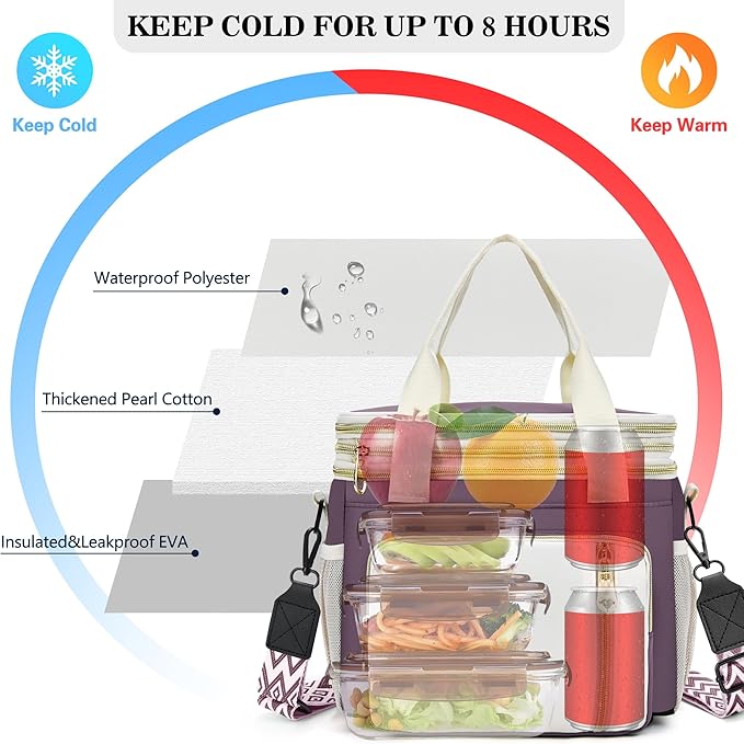 LOKASS Lunch Box & Lunch Bag for Women Men Double Deck, Large Insulated Adult Lunch Box Leakproof Lunchbox Cooler Bag for Work Picnic Beach,（Dark Pink 16L）