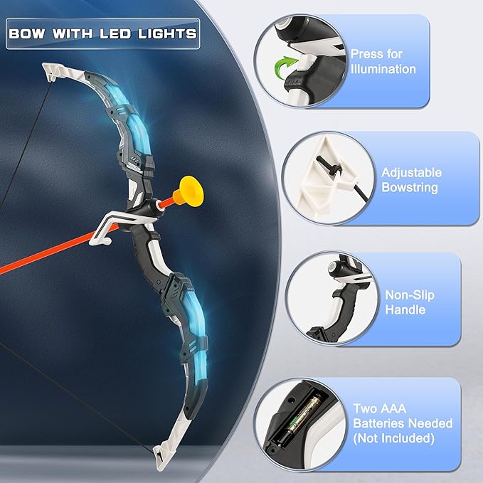 2 Pack Bow and Arrow Set with 29in Large Dart Board, LED Light Up Archery Set for Kids with 20 Suction Cup Arrows&12 Sticky Balls Standing Target Indoor Outdoor Toys Must Have for Boys Girls 3-12 yo