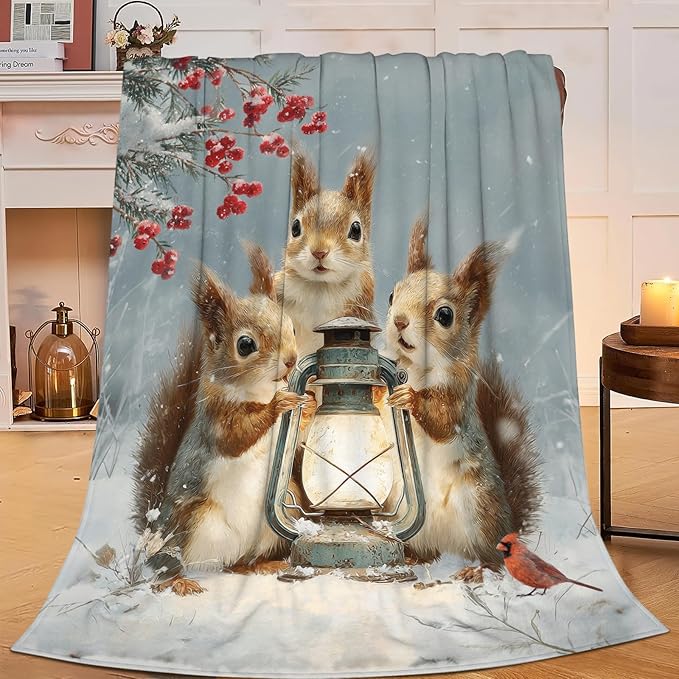 Squirrel Blanket Gifts for Girls Boys Christmas Winter Throw Blankets Cozy Plush Fleece Flannel Fuzzy for Women Men Decor 80"X60"