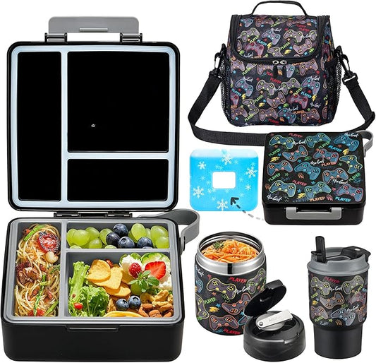 Bento Lunch Box for Kids with 17oz Soup Thermo,Insulated Tumbler Water Bottle and Insulated Lunch Bag,Leak-Proof 3 Compartment Lunch Food Container with Ice Pack for Kids to School-Game Console