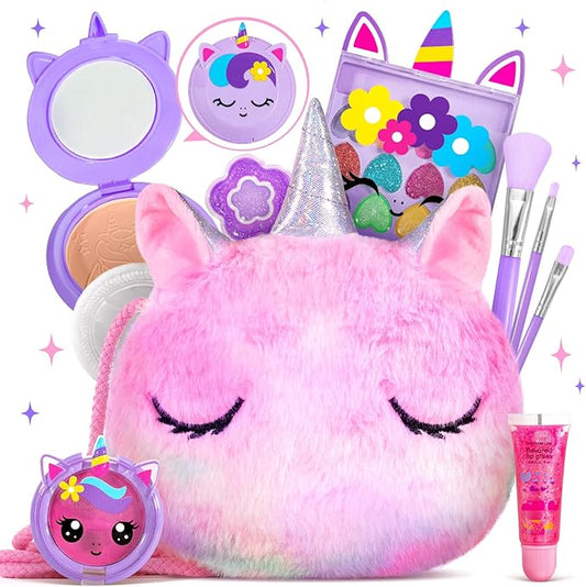 ULOVEME Kids Real Makeup Kit for Girls with Fluffy Purse - Real, Non Toxic, Washable Make Up Toy - Umicorn Toys Gift for 3 4 5 6 7 8 Years Old Girls Birthday