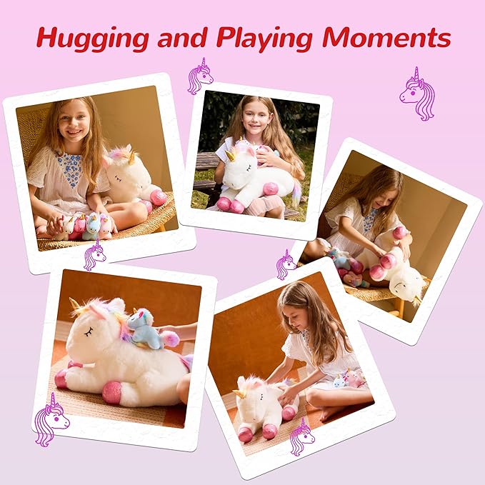5 Pieces Unicorn Toys Stuffed Animals for Girls, 1 Mommy Unicorn with 4 Babies, Soft Plush Toys Gifts for Girls 3 4 5 6 7 8 9 Years, Kids, Children, Christmas, Birthday, Valentine's
