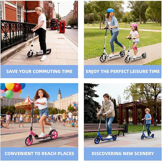 FREEDARE Kick Scooter for Kids & Adults Ages 8+, Foldable Teen Scooter with 2 Big 8-inch Wheels and 4-Level Adjustable Handlebar, Max Load 220 LBS