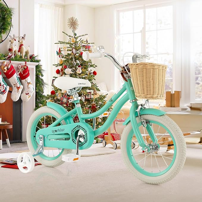 BABY JOY Kids Bike, 14 16 18 Inch Retro Kids Bicycles for 3-8 Years Old Children with Training Wheels, Adjustable Height, Rattan Basket, Handbrake & Coaster Brake, Boys Girls Bike (Pink, Green, Blue)