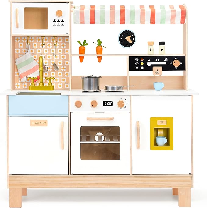 PairPear Wooden Play Kitchen for Kids, Pretend Play Toy Kitchen Set Coffee Maker, Ice Maker & Toy Food Accessories, Toddler Play Kitchen Gift for 3 Yeard and Up