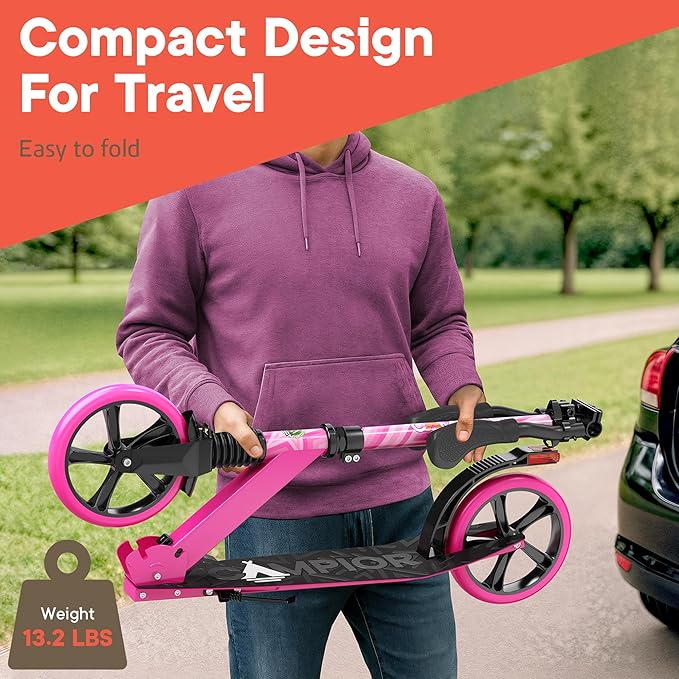 Kick Scooter for Ages 6+, for Kids, Teens, and Adults, Max Load 240 LBS, Foldable, 8-inch Big Wheels for Kids and Adults, with Kickstand, 3 Adjustable Levels, Child Safety Approved, Pink