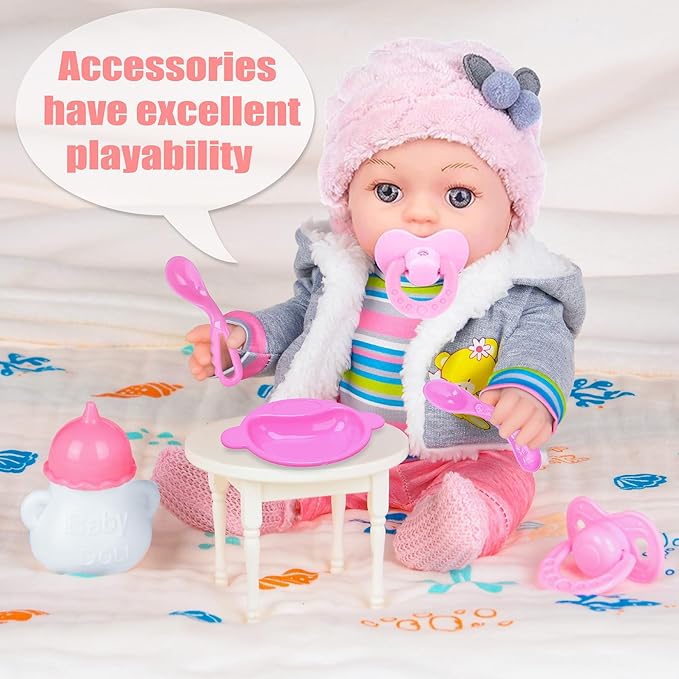 12 Inch Baby Doll - 12" Lifelike Baby Doll with 3-Piece Outfits, 4 Accessories & Feeding Playset - Realistic Rosy Cheeks & Blue Eyes, for Kids