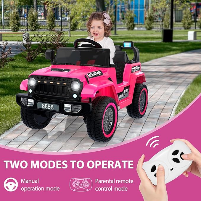 12V Kids Ride On Truck Car, Battery Powered Electric Vehicle Toy w/Parent Remote Control, Spring Suspension, 3 Speeds, LED Light, Music & Horn, Electric Cars for Kid, Gift for Boy Girl, Pink