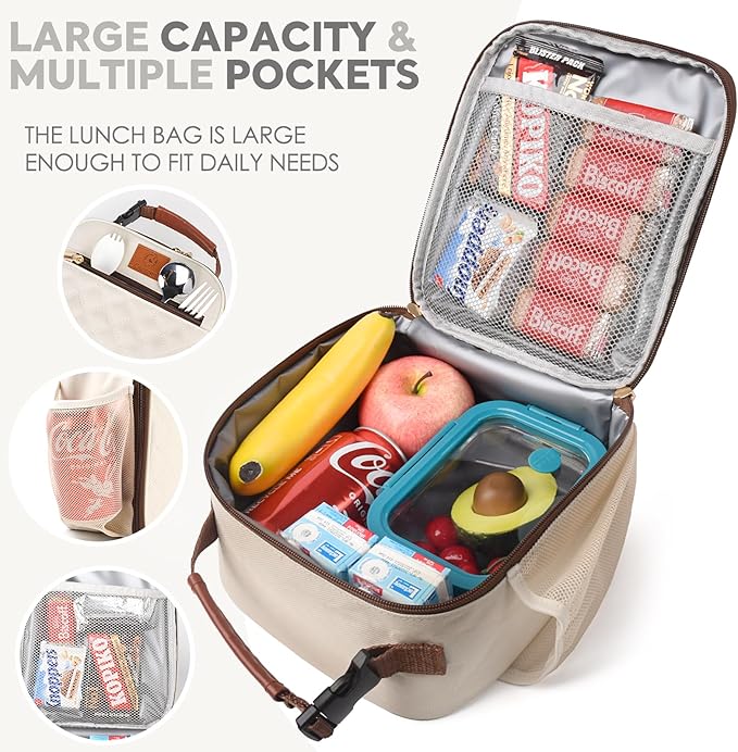 Genteen Lunch Bag for Women Men Girls Teens Insulated Leakproof LunchBox for Adult Reusable Lunch Box with Bottle Holder for Work Office School Travel Picnic-Gray/White