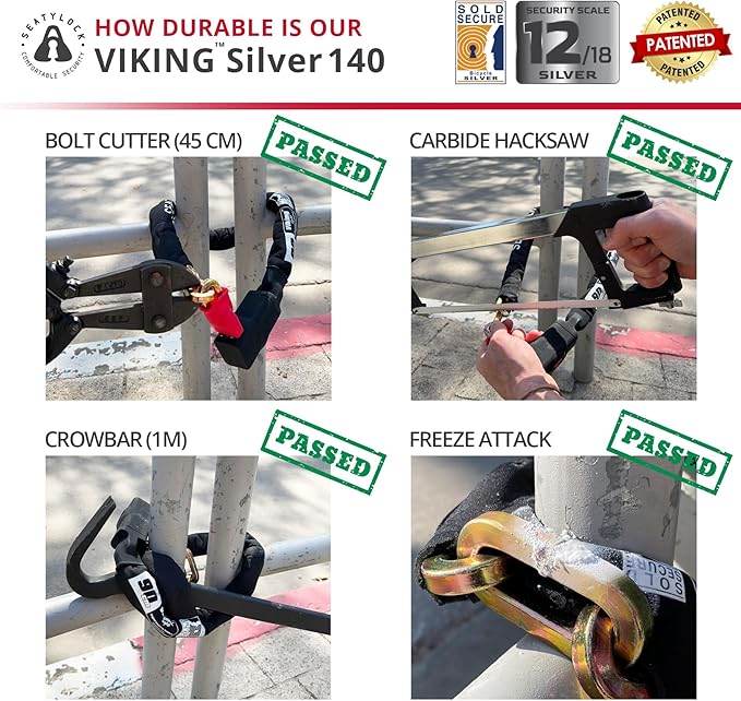 Seatylock Viking Bike Chain Lock with Key - Magnetic Patented Sold Secure Silver Rated - Heavy Duty Anti Theft - Smart Ultra Security Bicycle Lock (55.1 Inch)