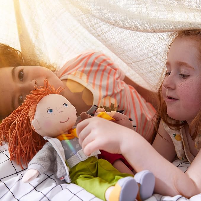 HABA 12" Soft Doll Soley with Red Hair, Outdoor Adventure Outfit and Embroidered Face, Machine Washable Baby Doll with Clothes and Baby Dolls for 18 Months and up