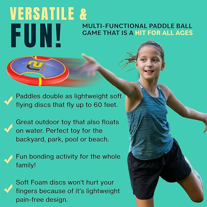 Fun Bouncy Paddle & Stringy Ball Toss & Catch Game - Easy to Use for Kids All Ages - Soft Foam Design for Safe Play Indoors or Outdoors - Also Works as Flying Disc - Great Gift Idea for Boys & Girls