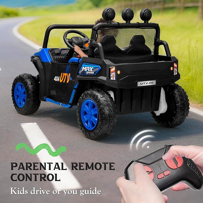 24V 2 Seater Ride on UTV Car, 4WD Ride on Toys for Kids with Remote Control, Shock Absorbers, LED Lights, Music, Off-Road Electric Car for Kids Boys Girls (Blue)