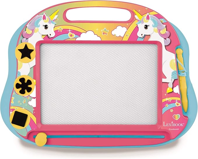 LEXiBOOK, Multicolor Magic Magnetic Unicorn Drawing Board, Artistic Creative Toy for Girls and Boys, Stylus Pen and Stamps, Pink/Blue, CRUNI550