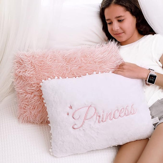 Perfectto Design Set of 2 Decorative Pillows for Toddler Kids Room. White Fluffy Princess Embroidered and Furry Pink Faux Fur Pillow. Soft and Plush Throw Pillows for Kid’s Bedroom Décor