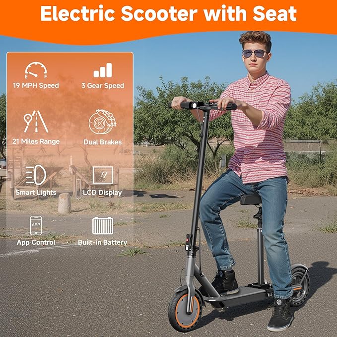 Electric Scooter, Folding E Scooter for Adults with Seat, 350W Motor, 8.5" Tire, 19MPH, 21Mile Long Range Lightweight Teens Commuting Sit Down Escooter with App, Bluetooth, Dual Brake (Seat Optional)