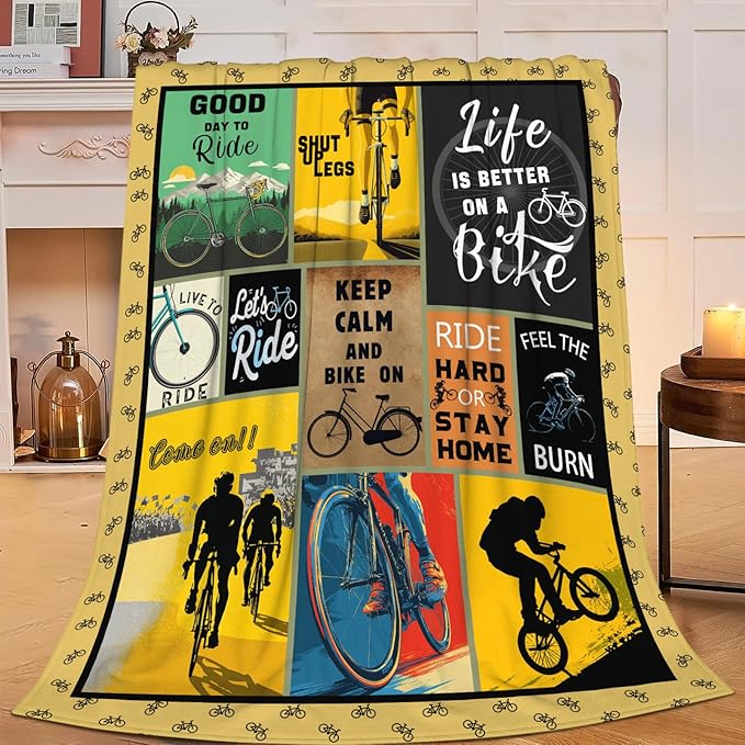 Bicycle Cycling Blanket for Mens, Bike Flannel Throw Blanket, Fleece Soft Cozy Stuff Blankets Gift for Women Men Couch Sofa Bed 60" x 50"