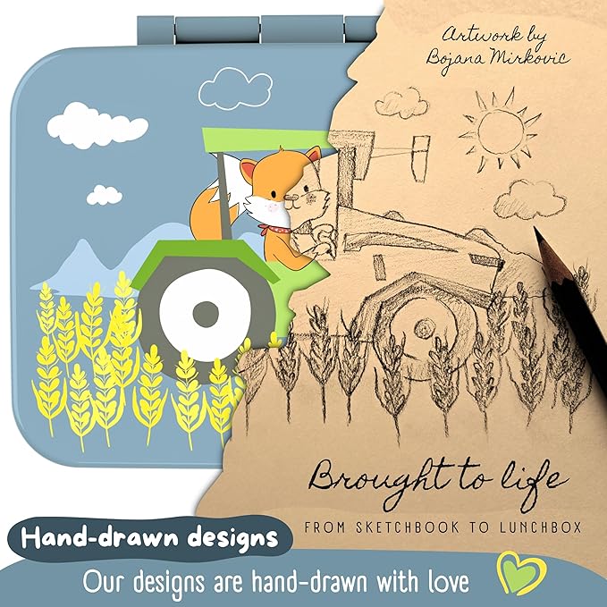 BEARFOOT Kids Lunch Box with Compartments – Compact & Lightweight | Leak-Proof, BPA-Free, Dishwasher & Microwave Safe | Hand-Drawn Design for Preschool, School, Travel (Tractor Fox Blue, 4 Cups)