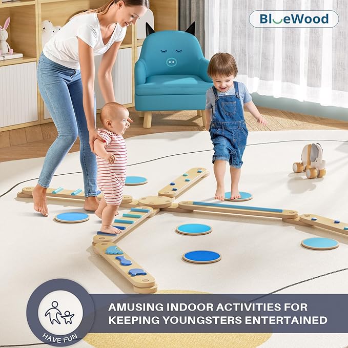 BlueWood Balance Beam for Kids 3-5, Toddler Sensory Wooden Toys and Stepping Stones, Build Coordination Gymnastics Obstacle Motor Skill for Kid