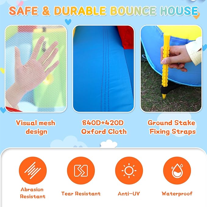 6-in-1 Bounce House with Climbing Wall, Slide & Ball Pit, Inflatable Bouncy Castle with Blower & Basketball Hoop for Backyard, Playground for Kids Toddlers Ages 3-12 (12.5′D x 8.6′W x 7′H)