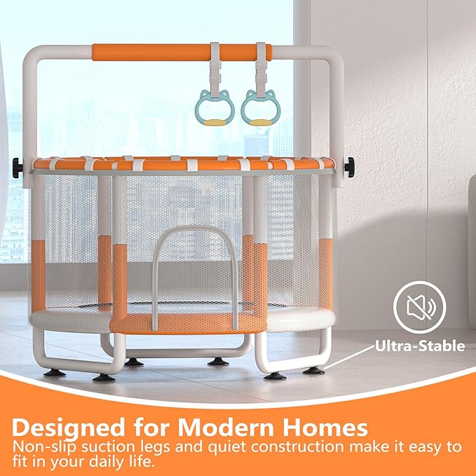 55" Kids Indoor Trampoline with Safety Net, Adjustable Gymnastics Bar & Toys – Indoor/Outdoor Toddler Play Gym for Boys & Girls Ages 3+, Birthday Gifts (White (Powder-Coated))