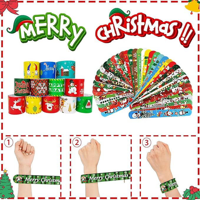 100Pcs Christmas Slap Bracelets Bulk, Christmas Toys Party Favors Fidget Toys, Xmas Snap Wristbands for Kids Xmas Gifts, Goodies Stocking Stuffers, Classroom Prizes for Boys Girls