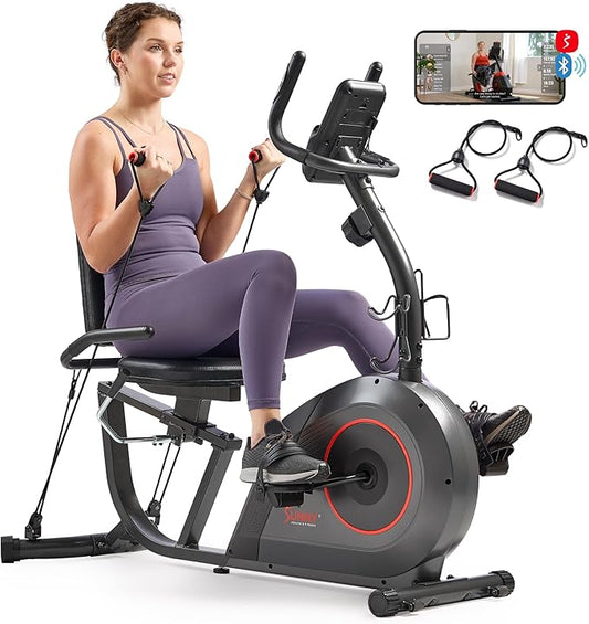 Sunny Health & Fitness Smart Heavy-Duty Recumbent Bike w/Wide Cushioned Seat & Back, Indoor Cycling Machine for Adult/Seniors Home Exercise, Free SunnyFit App Connect, Optional Workout Training Bands