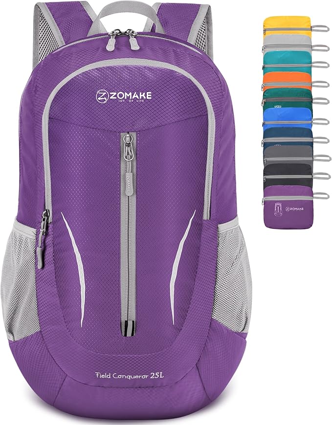 ZOMAKE Ultra Lightweight Packable Backpack 25L, Foldable Hiking Backpacks Water Resistant Small Folding Daypack for Travel(Purple)