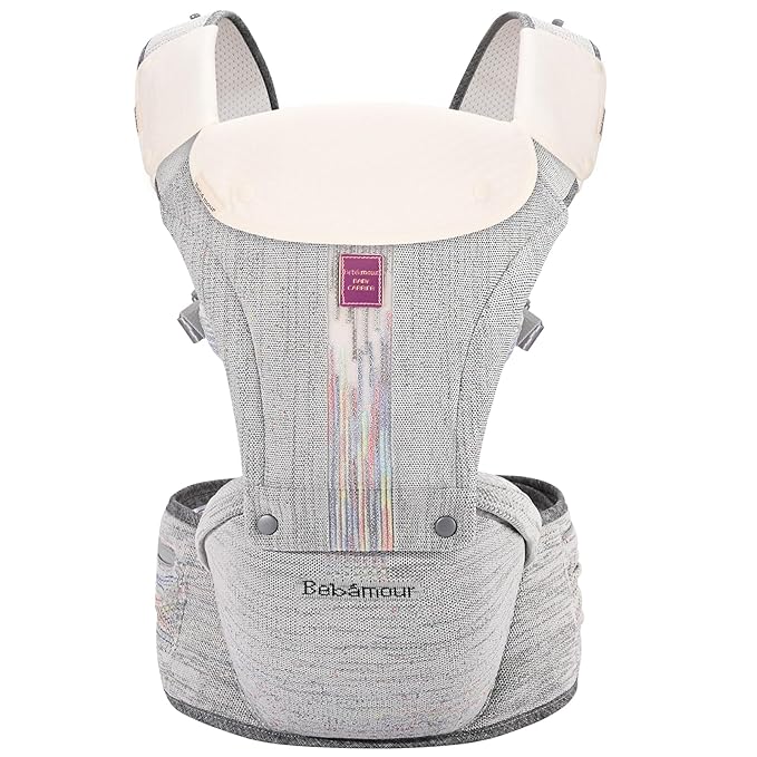 Bebamour Baby Carrier Newborn to Toddler with Hip Seat Baby Carrier Front and Back Carry Carrier with Head Hood, 3 PCS Teething Pads,Storage Bag (Gray-Knit)