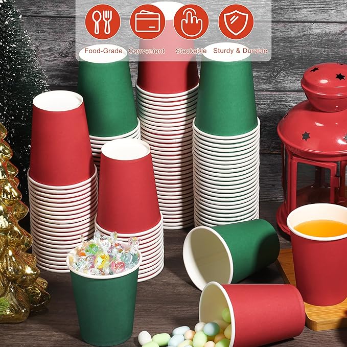 144 Pieces Christmas Paper Cups 9 Oz Disposable Coffee Paper Cups Holiday Party Cup Beverage Drinking Cup for Christmas, Wedding, Birthday, Party, DIY, and Picnic (Red, Green)
