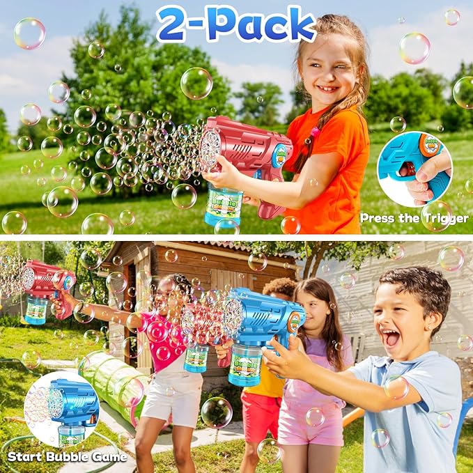 Zerhunt Bubble Gun Machine for Kids 4-8: Automatic 10-Hole Bubble Toys with Rich Bubbles & LED Light - Summer Outdoor Bubble Blaster Toy - 2PCS Bubble Blower