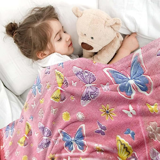 Wajade Glow in The Dark Butterfly Blanket for Girls, Soft Cozy Flannel Kids Throw Blanket for Boys and Girls, Cute Kids Blanket for Sofa Couch Bed, Christmas Birthday Gift 50"x60"